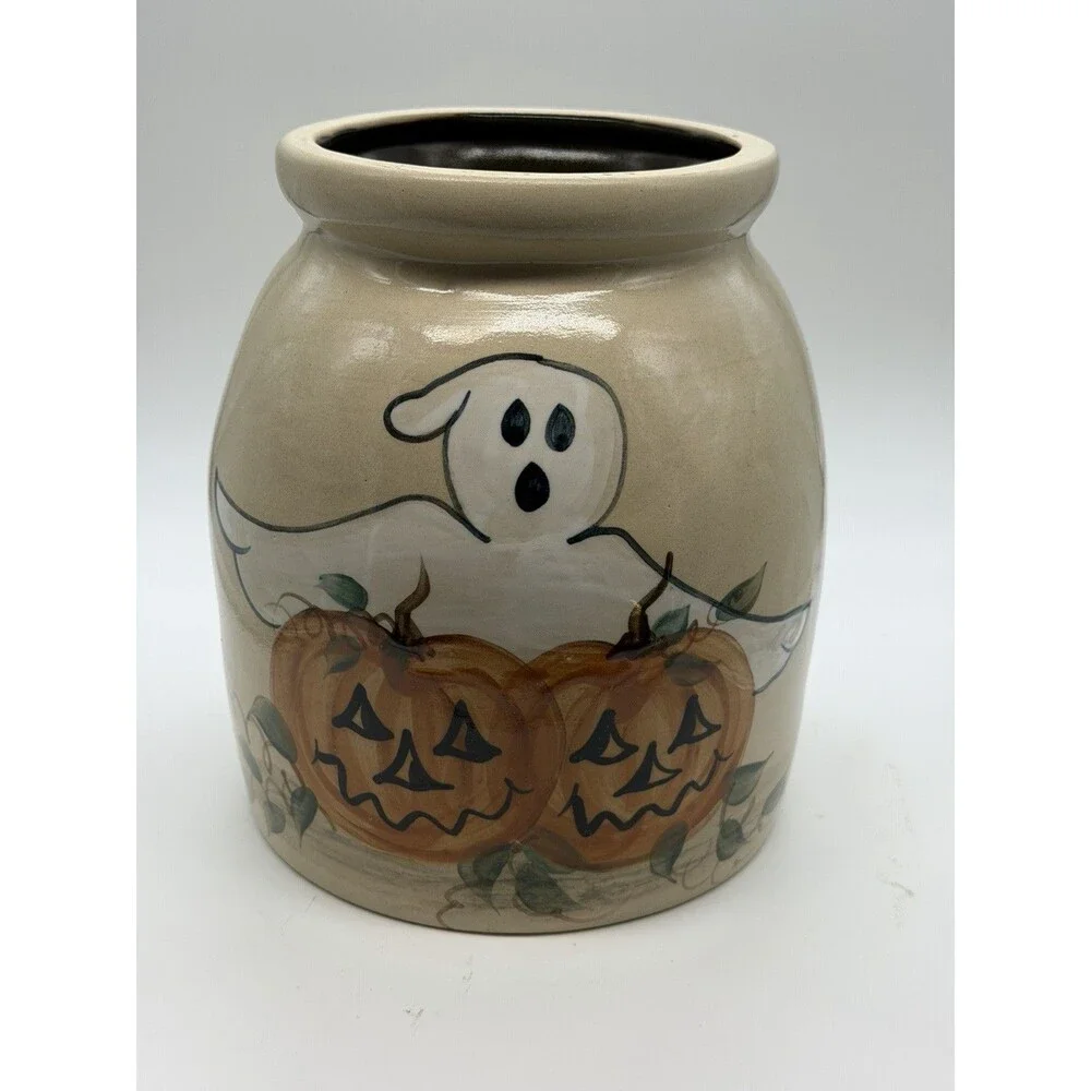 Vintage Unmarked Pottery Crock with Painted Halloween Scene Adorable!